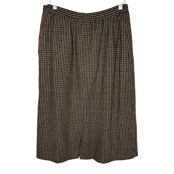 Vintage 70s Alfred Dunner Brown 100% Wool Houndstooth Midi Skirt, Size 12 - Picture 2 of 9
